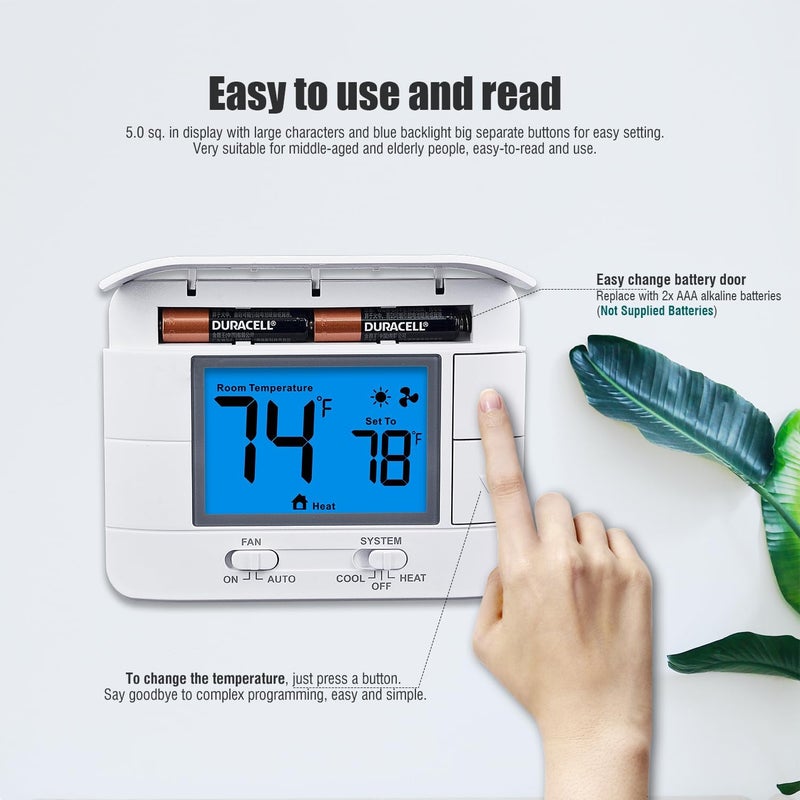 Aowel Non-Programmable Thermostats for House, Single-Stage 1 Heat/ 1 Cool, Simple Thermostat - Image 2